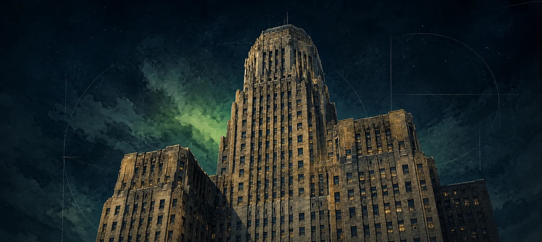 Illustrated view of Buffalo City Hall beneath a dark green night sky