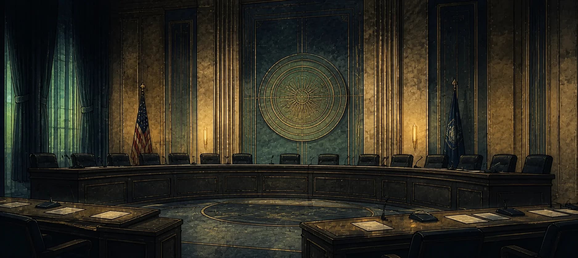 Illustrated municipal meeting chamber prepared for a Buffalo public meeting