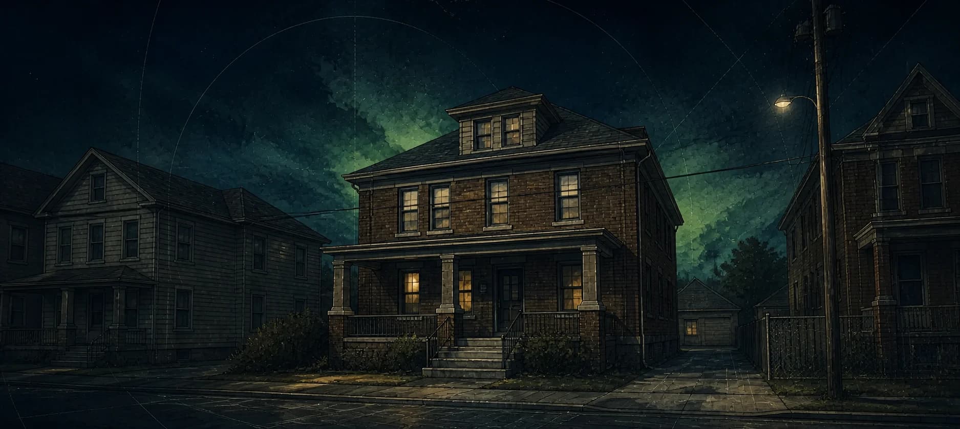 Illustrated Buffalo house beneath a dark sky with faint parcel-map geometry