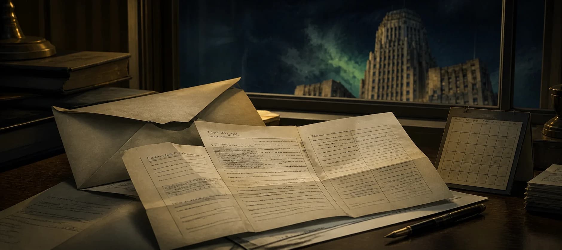 Illustrated official notice, envelope, calendar, and pen on a desk overlooking Buffalo City Hall